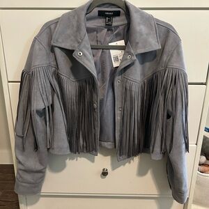 Forever 21 Gray Faux Suede Fringe Jacket